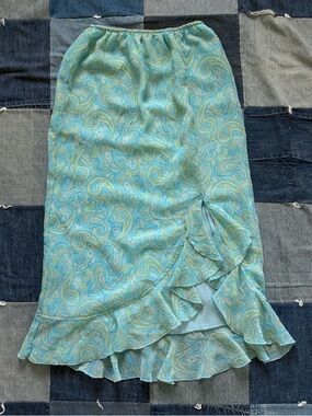 VTG worthington paisley midi skirt ruffle slit blue green fairy size 6